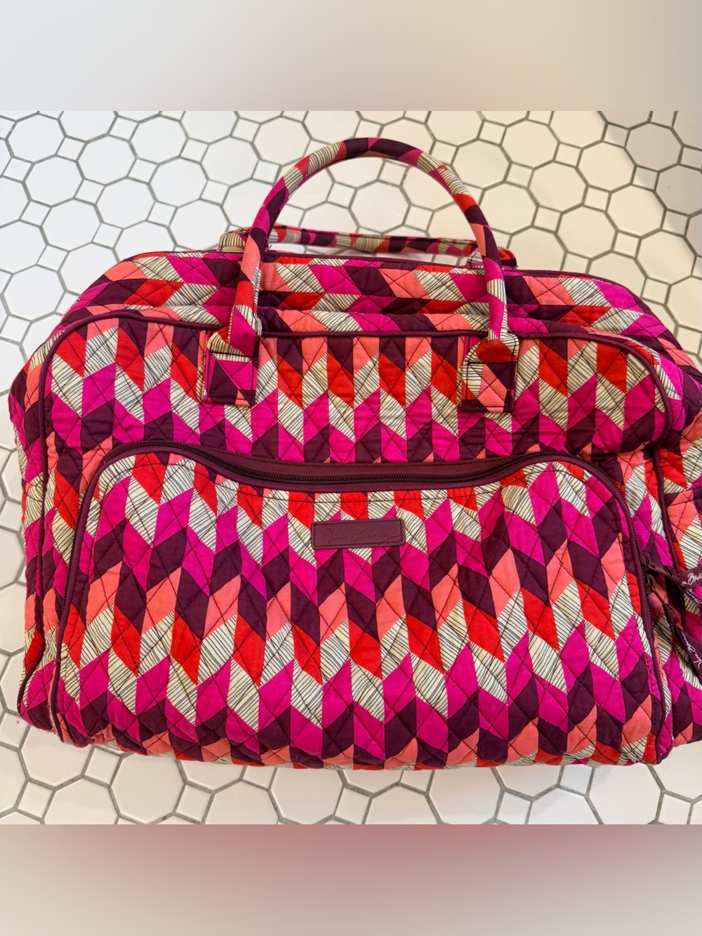 Vera Bradley Pink, Red & Cream Quilted Weekender (Bohemian Chevron) - Picture 3 of 9